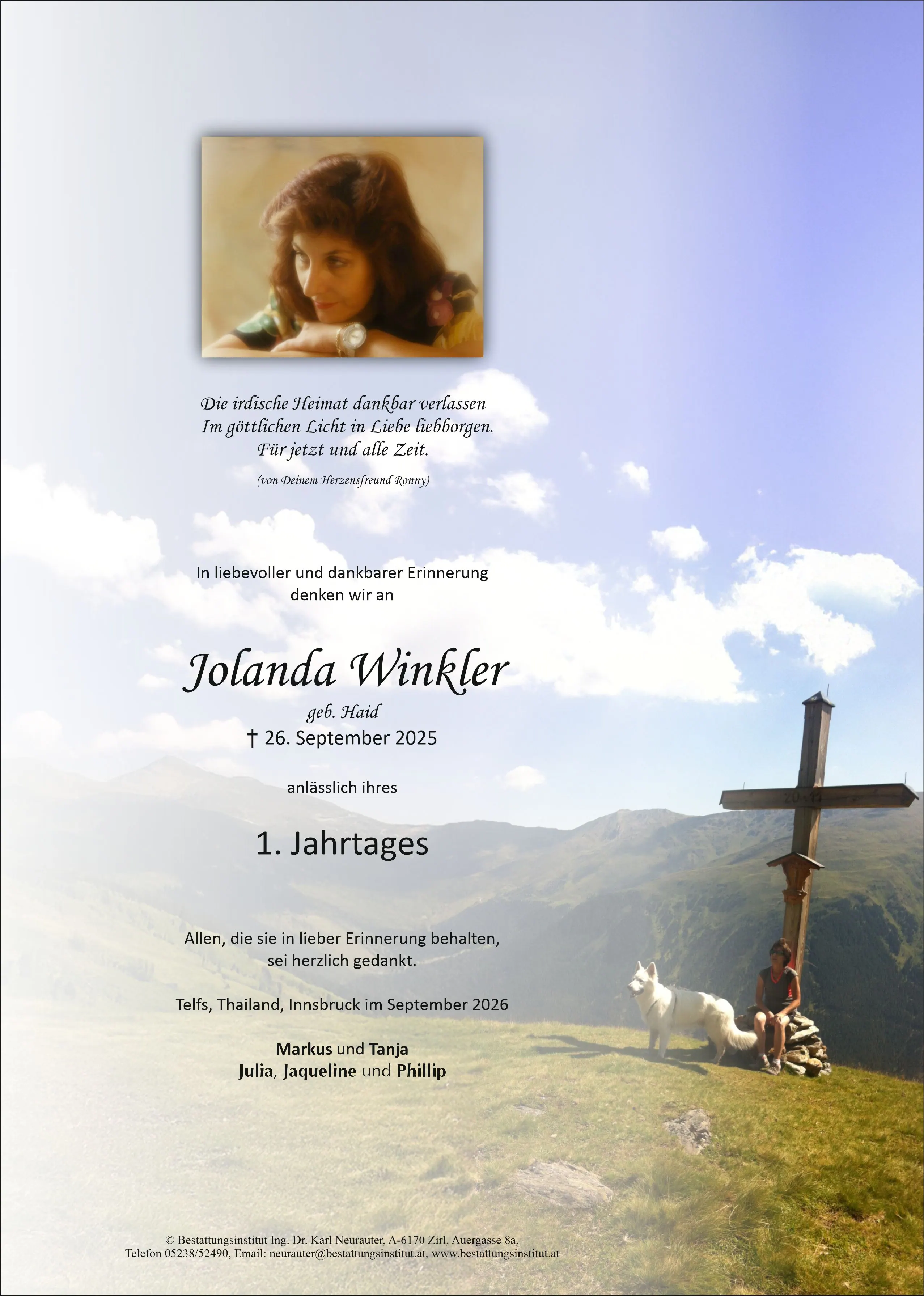 Jahrtagsanzeige von Jolanda Winkler