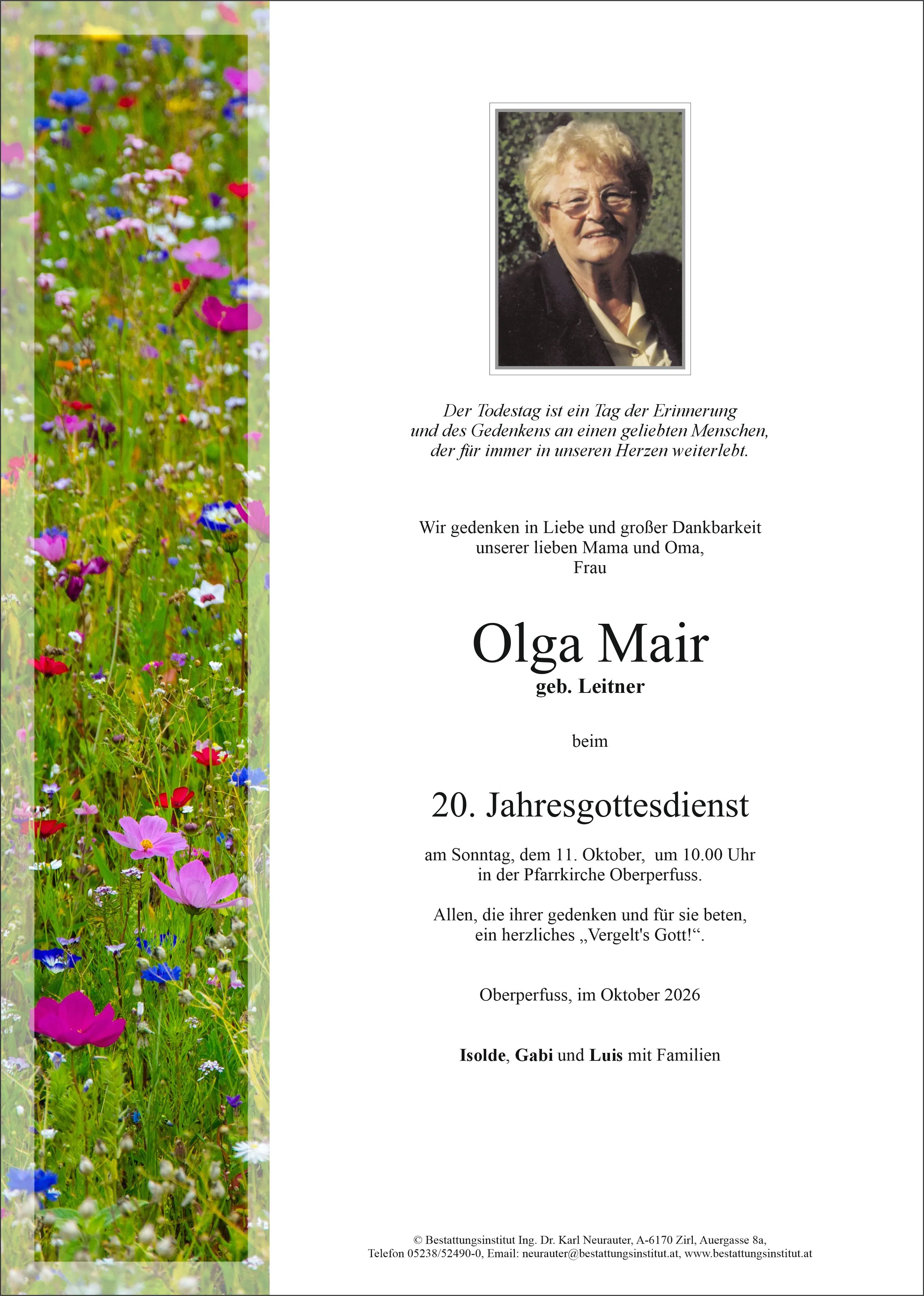 Jahrtagsanzeige von Olga Mair