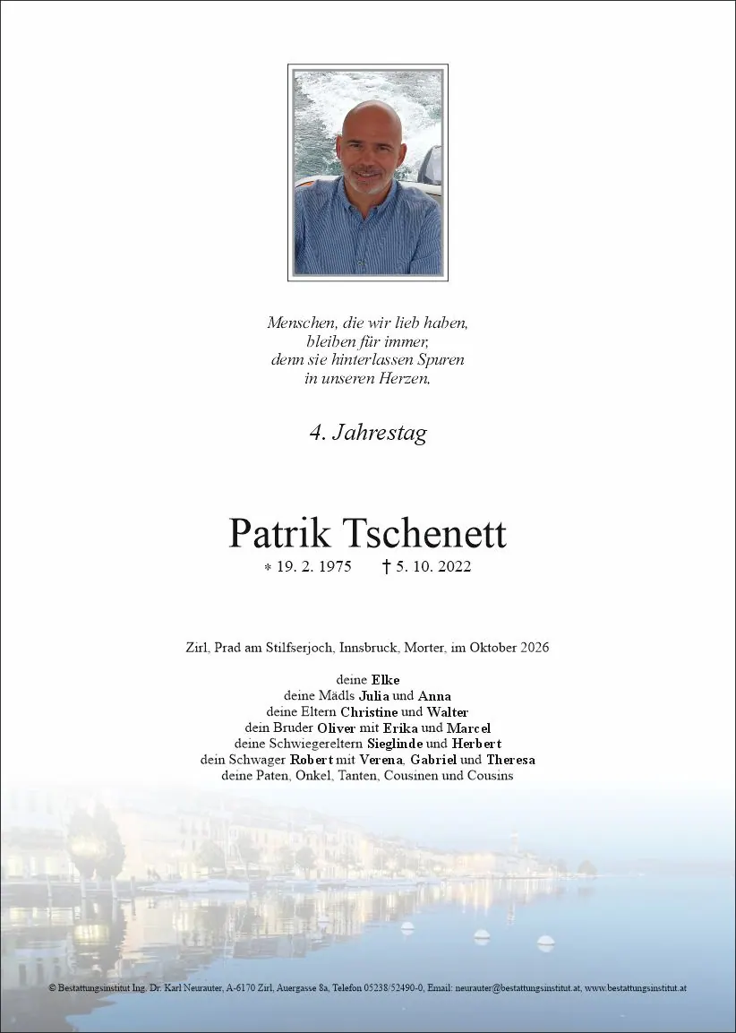 Jahrtagsanzeige von Patrik Tschenett