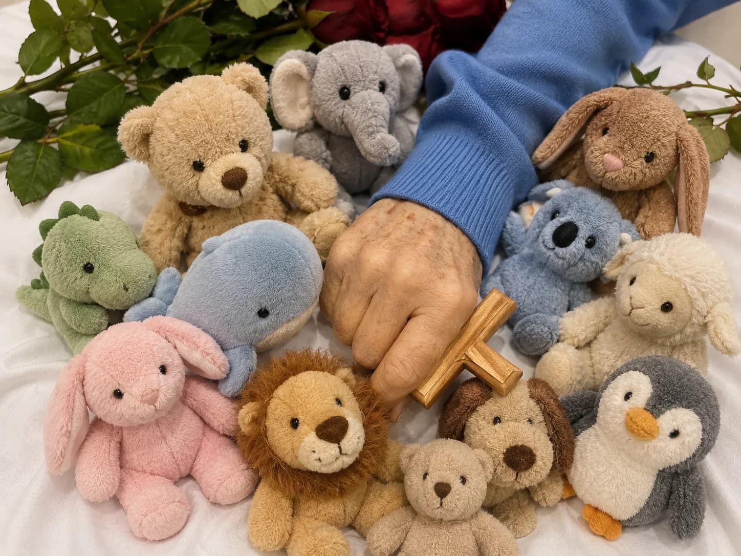 Kuscheltiere der Enkelkinder und ein Holzkreuz beim Abschied – ein persönliches Ritual am Sarg