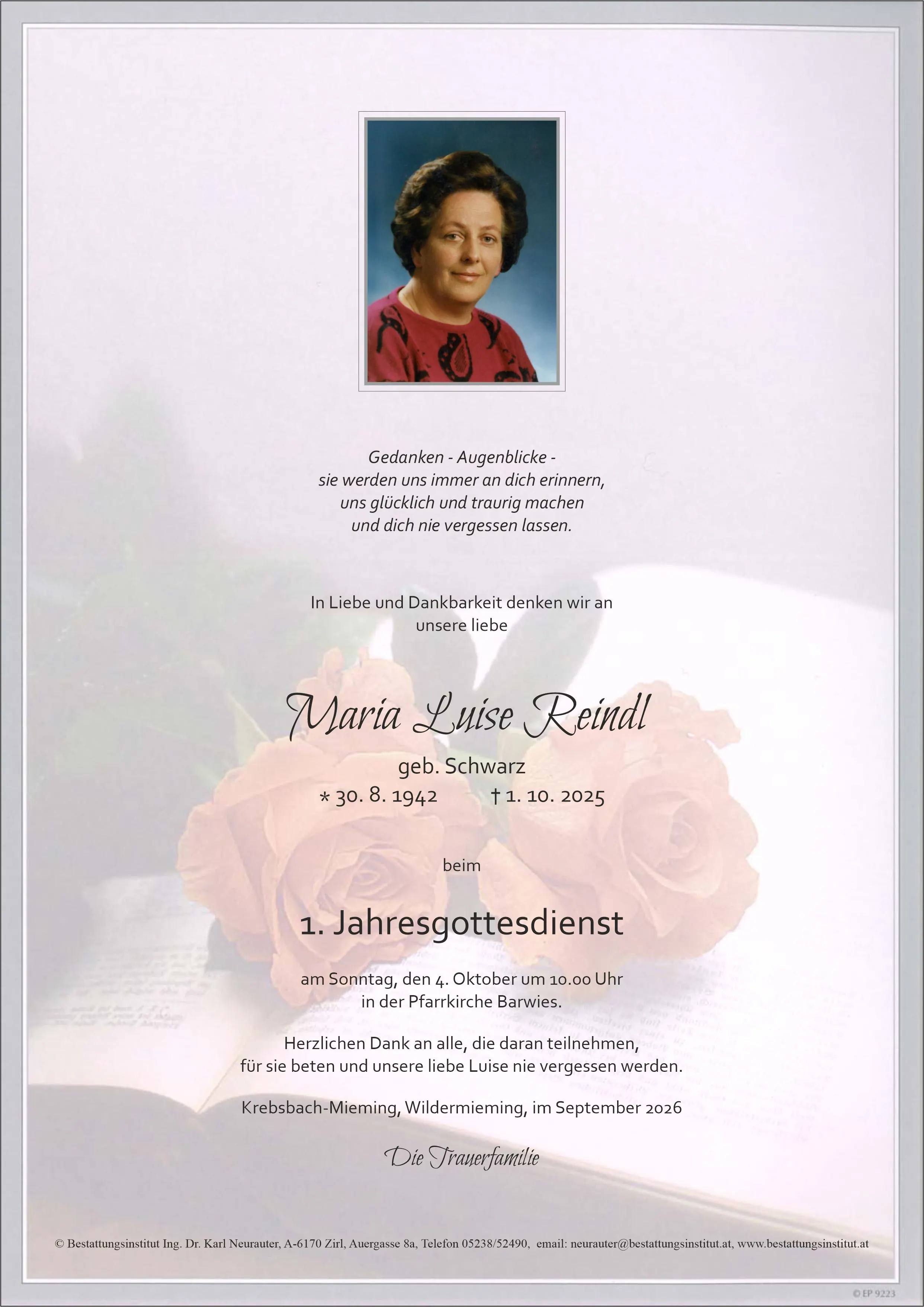 Jahrtagsanzeige von Maria Luise Reindl
