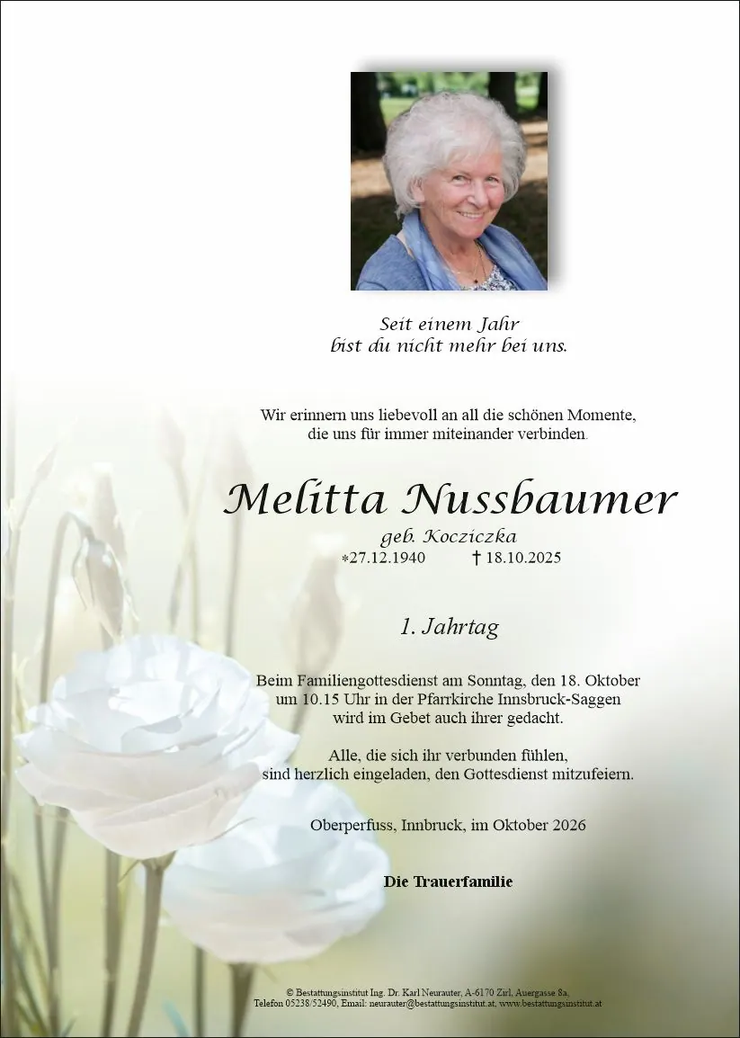 Jahrtagsanzeige von Melitta Nussbaumer