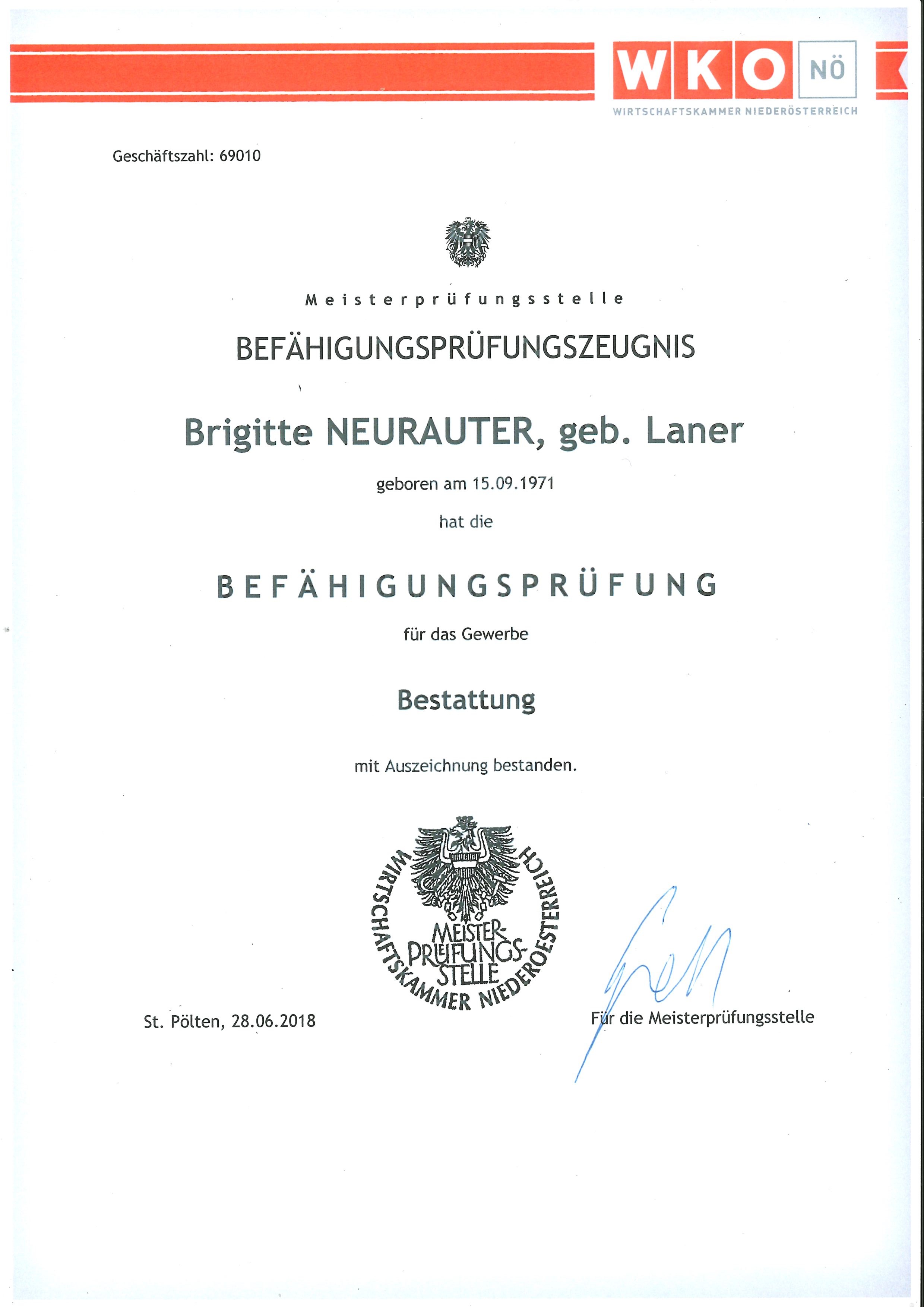 Befähigungsprüfung Bestattung - Brigitte Neurauter